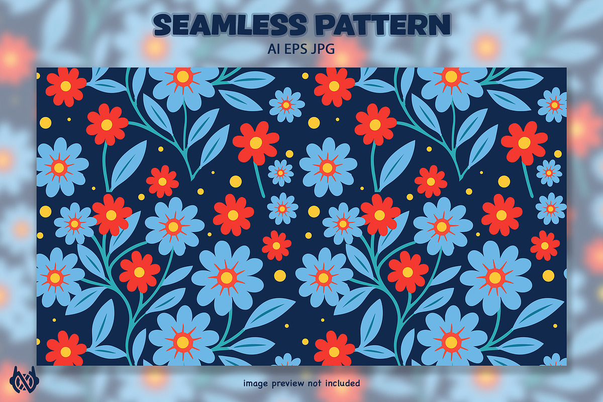 Blue and Red Flowers - Pattern, a Pattern Graphic by NOX Labs