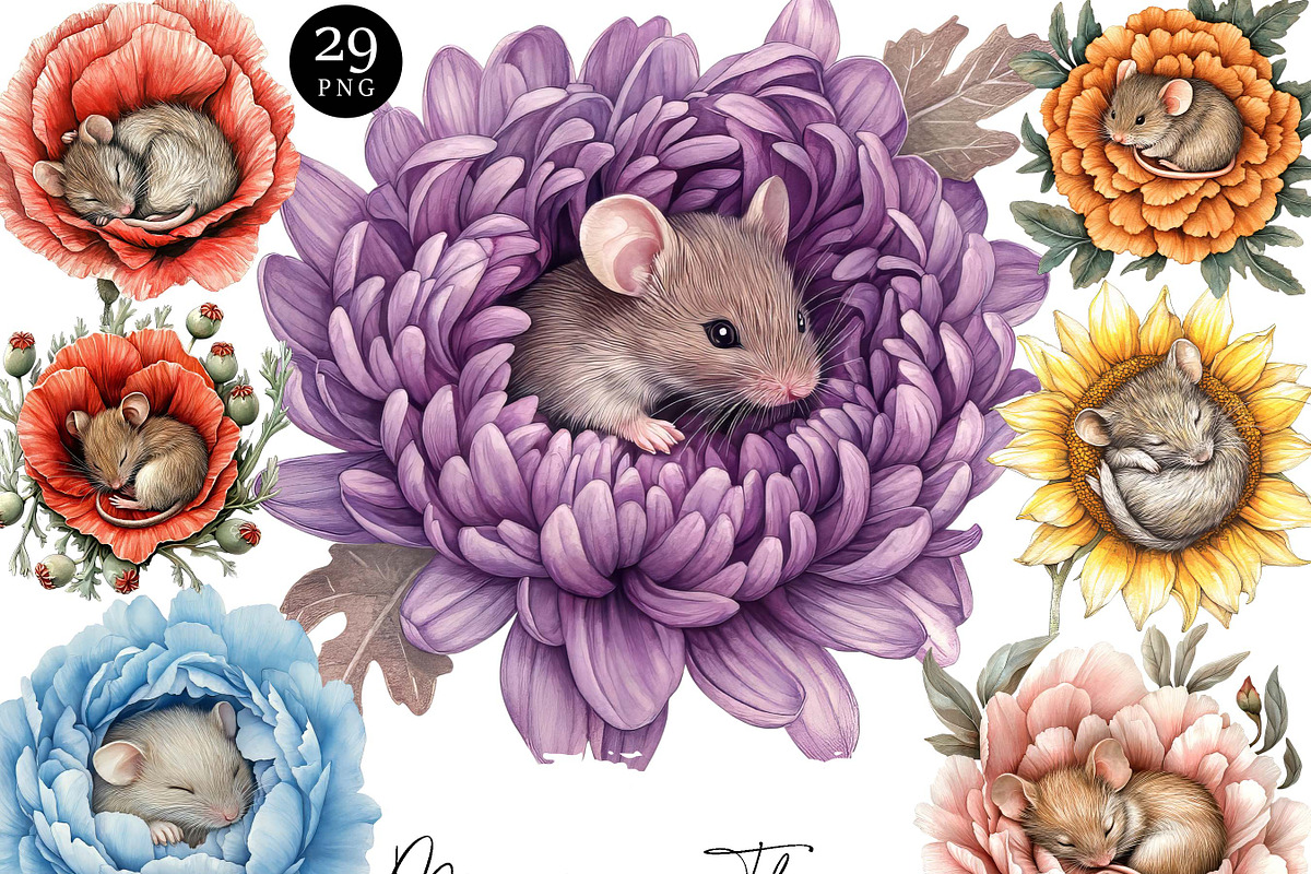 Mice in a Flower Clipart Bundle, an Animal Illustration by Design Scotch (Photo 1 of 8)