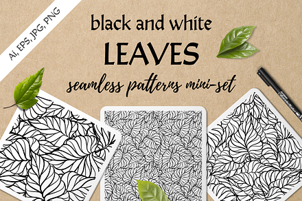 Black and white leaves patterns set