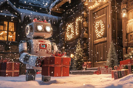 Festive robot delivers gifts in a sn, a Photo by Tanuart