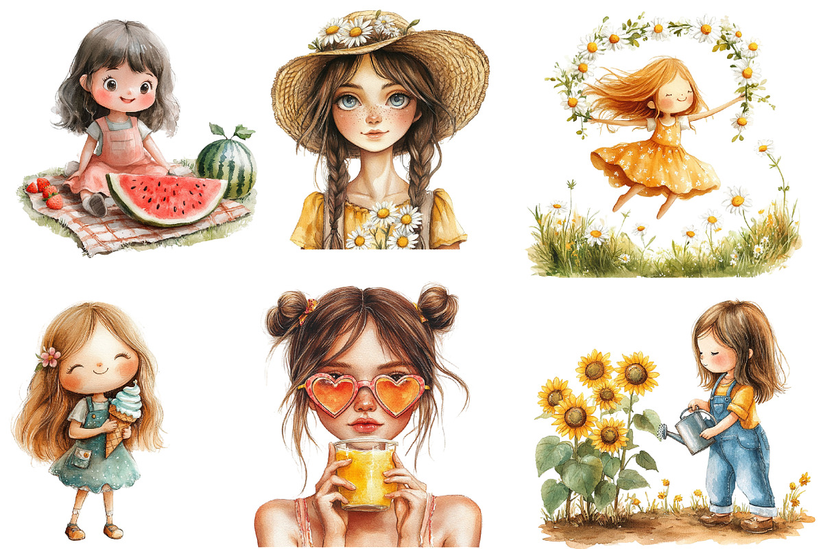 Whimsical Summer Girl Clipart, an Illustration by Designworld (Photo 3 of 5)