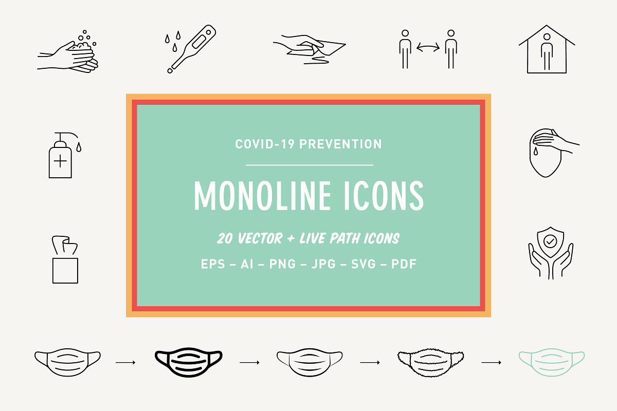 Monoline Covid-19 Prevention Icons, an Outline Icon by Space Between (Photo 1 of 7)