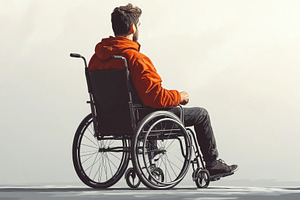 Man in wheelchair gazes out over a s, a Photo by Tanuart
