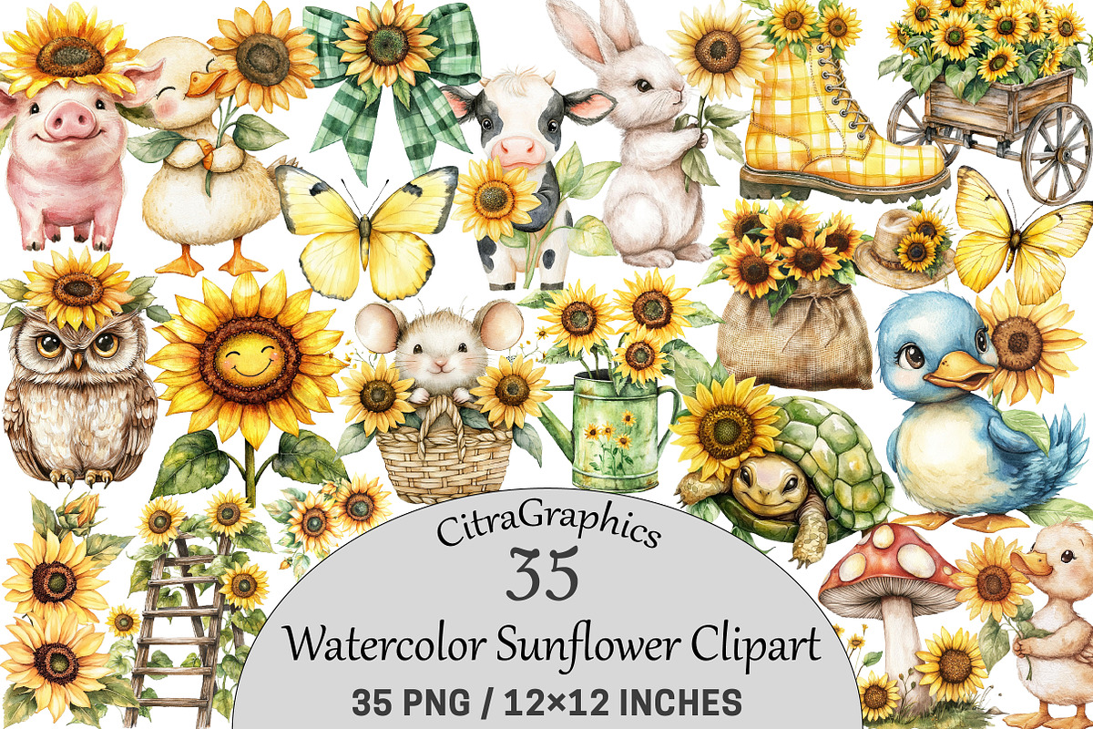 Watercolor Sunflower Clipart, an Illustration by CitraGraphics (Photo 1 of 5)