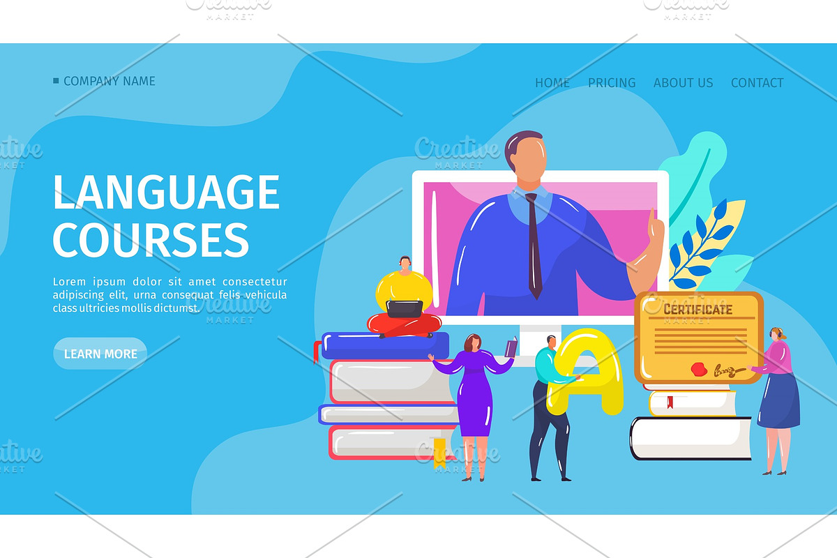 Language online course, landing, an Education Illustration by KitVector ...