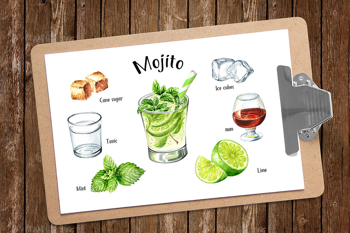 Mojito. Hand drawn watercolor set, a Food Illustration by Daria Ustiugova (Photo 10 of 11)