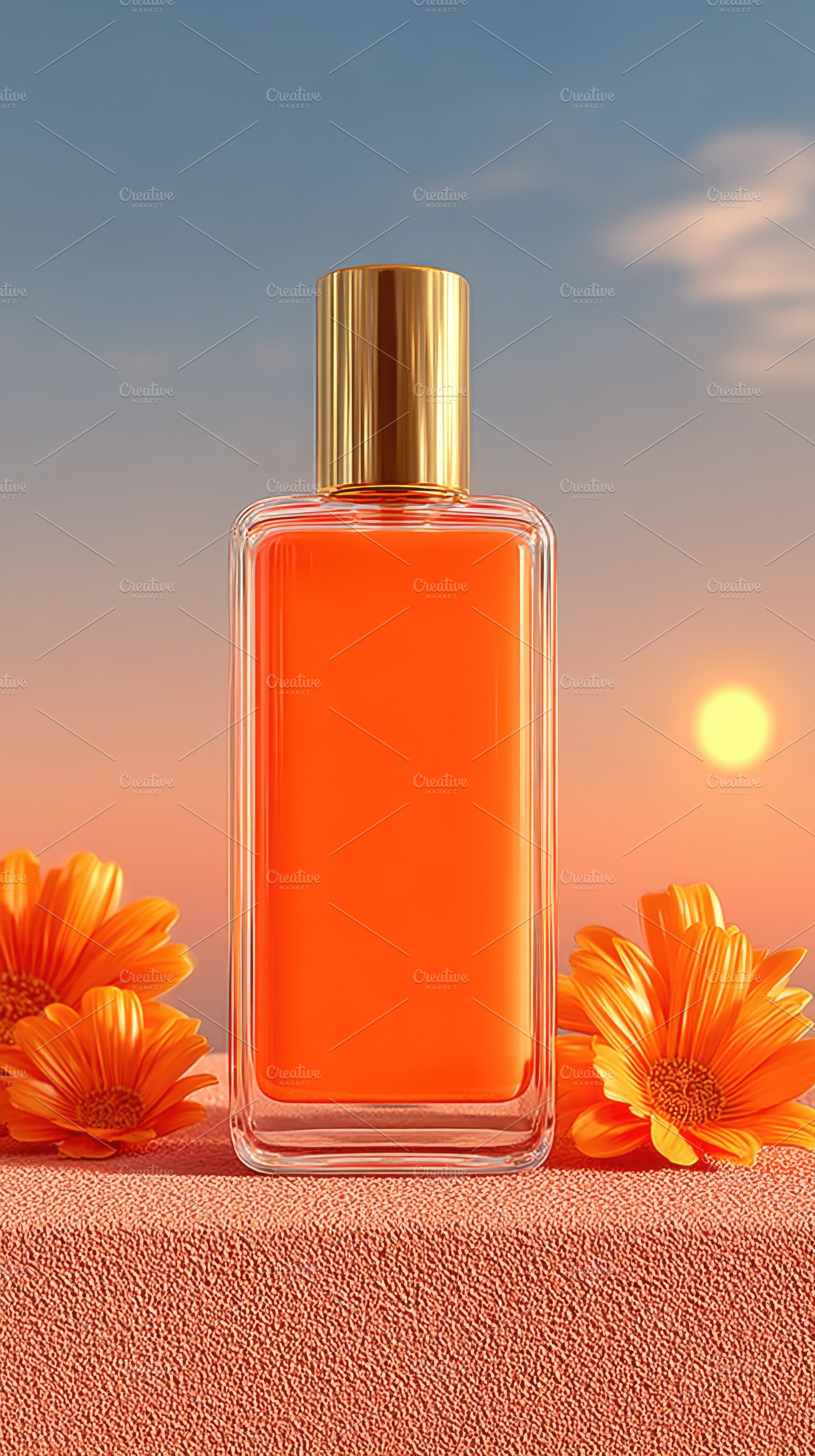 Luxury orange perfume bottle with flowers on warm sunset backgro, a Food & Drink Photo by José Manuel Gelpi