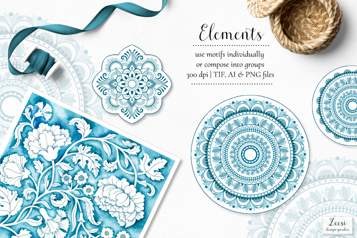 Watercolor Portuguese Tiles Patterns, a Pattern Graphic by Zeesi Design Garden (Photo 3 of 8)