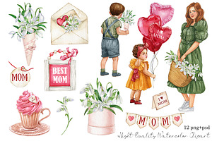 Watercolor Mother And Kids Clipart