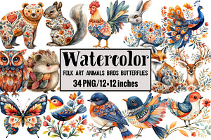 Folk Art Animals Birds Butterflies, an Illustration by Design Market