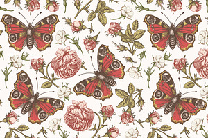 Seamless Flowers Roses Butterflies