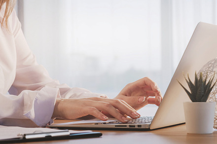 Business correspondence woman office hands laptop, a Business Photo by Photo Drive Studio