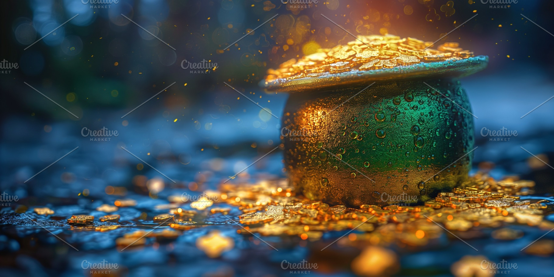 A shimmering pot of gold sits atop a glittering treasure, illuminated by soft,, a Business Photo by ImageMir