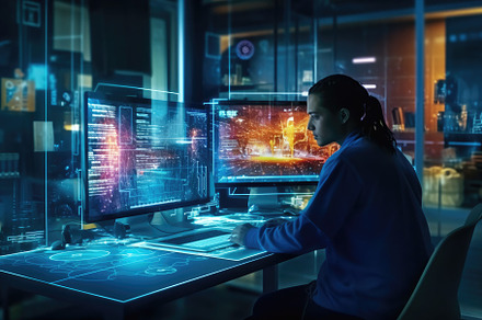 A photo of a person using a holographic display to interact with, a Technology Photo by designvectx