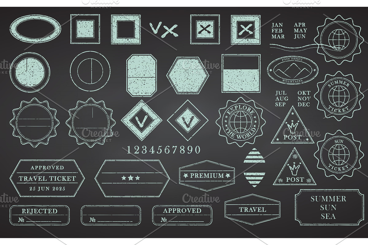 Blank postage rubber stamps on black, an Illustration by Zimages