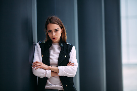 close-up portrait of a young sexy girl hipster Young beautiful model in the city urban background,fashion look, a Beauty & Fashion Photo by Grabovskaya