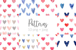 Watercolor Hearts Cliparts, Patterns