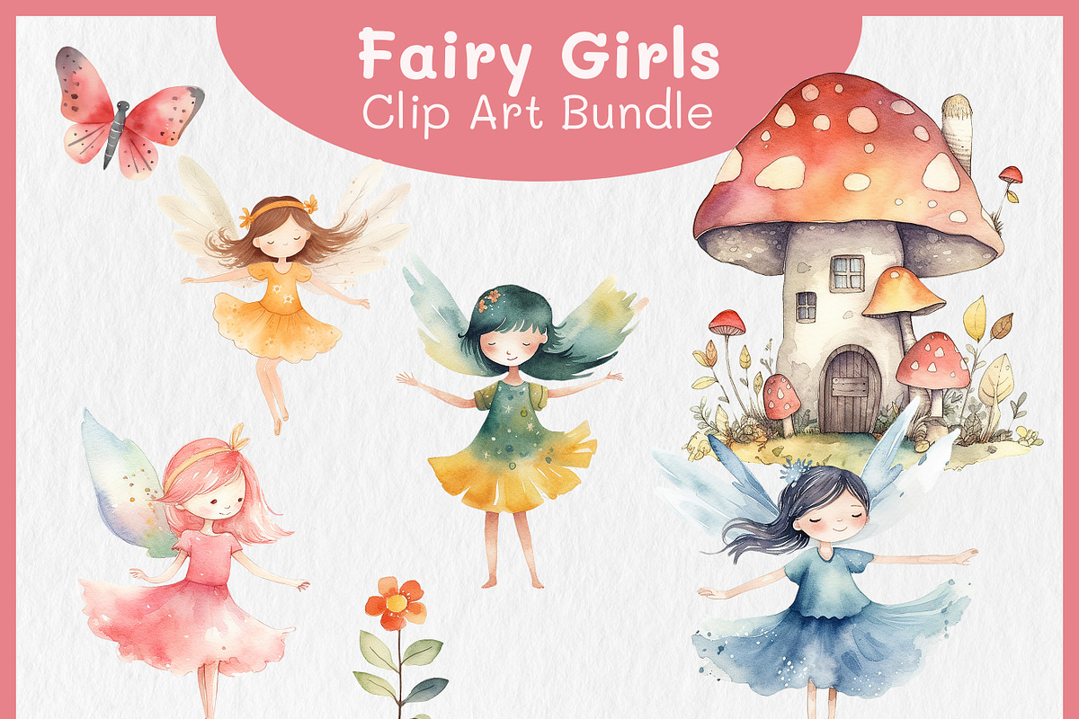 Cute Fairy Party Watercolor Clipart, a Decorative Illustration by Digital Dreamscaping (Photo 1 of 4)