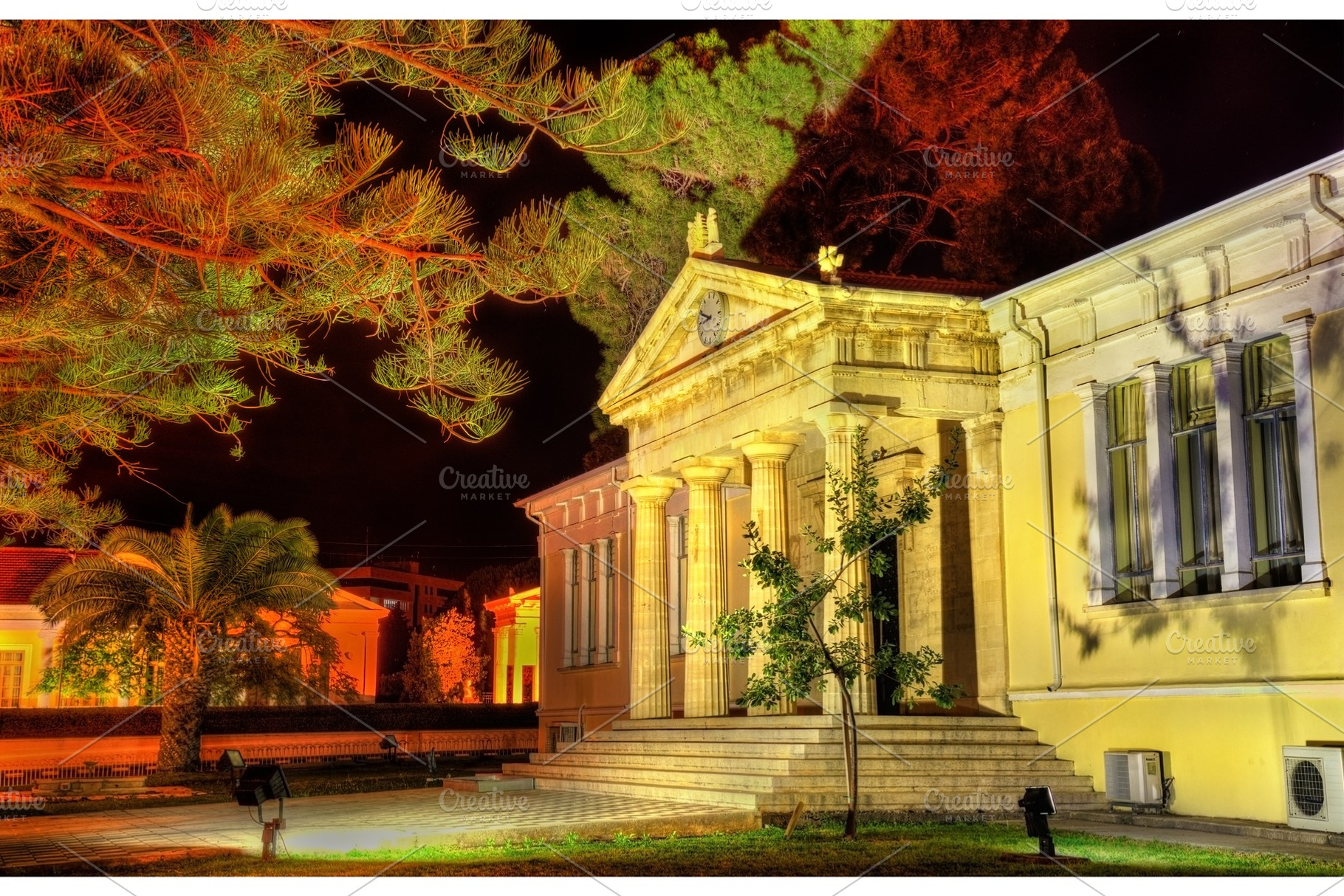 Town hall of paphos at night cyprus featuring house, cyprus, and exterior, an Architecture Photo by Leonid Andronov