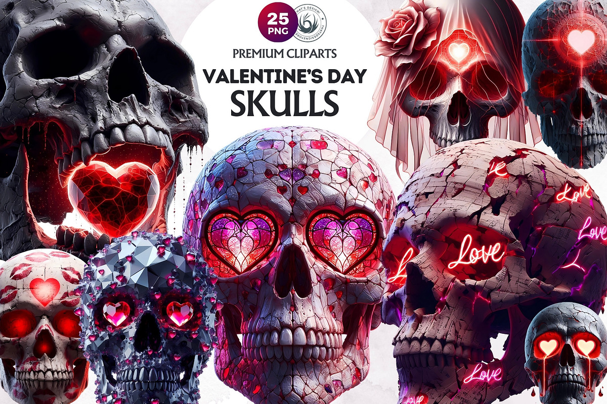 Valentines day Skulls clipart Set, a Seasonal Illustration by ThatsDesignArt (Photo 1 of 10)