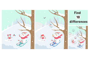Find differences snowman game. Funny, an Object Illustration by Valerie Bodnar