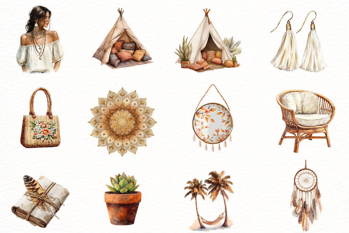 Watercolor Boho Summer Clipart, an Illustration by Designworld (Photo 3 of 5)
