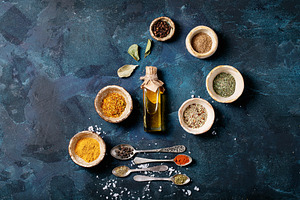 Variety of spices containing above, assorted, and background