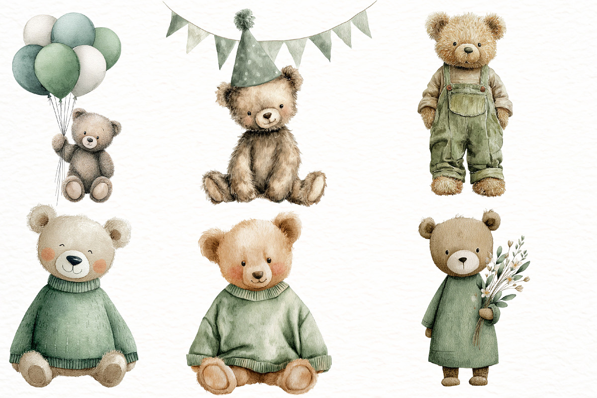 watercolor green teddy bear clipart, an Illustration by Designworld (Photo 5 of 5)