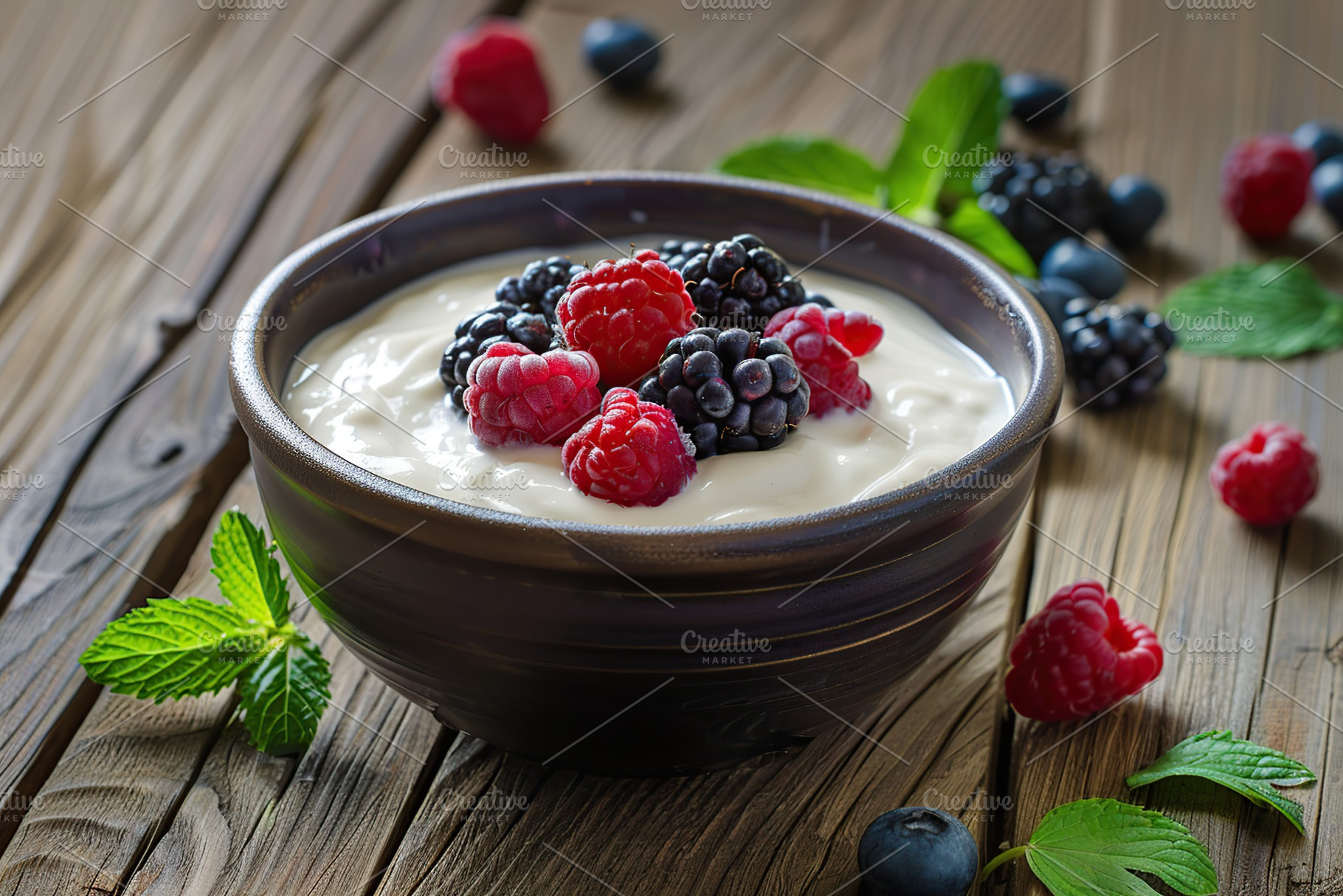 Bowl with fresh mixed berries and yogurt on wooden table, a Food & Drink Photo by AlyaAnd