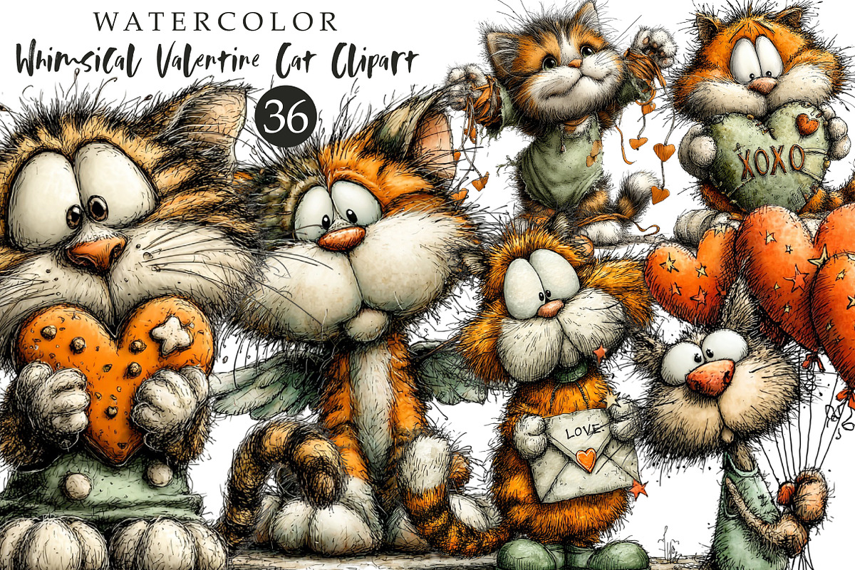 Whimsical Valentine Cat Clipart, an Illustration by OK Design (Photo 1 of 6)