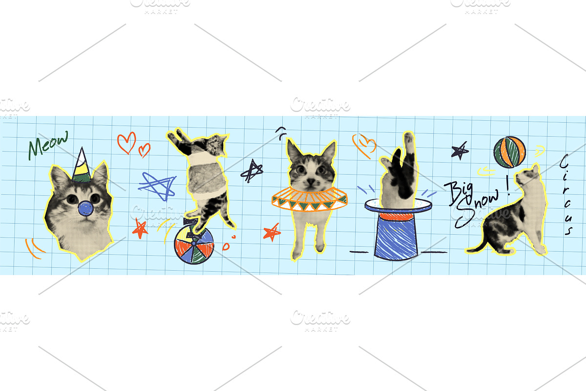 Halftone cats with doodle circus, an Illustration by art PVP - market