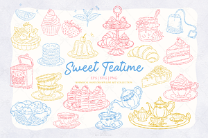 Afternoon Tea Desserts Line Art, a Decorative Illustration by Blumensdiary