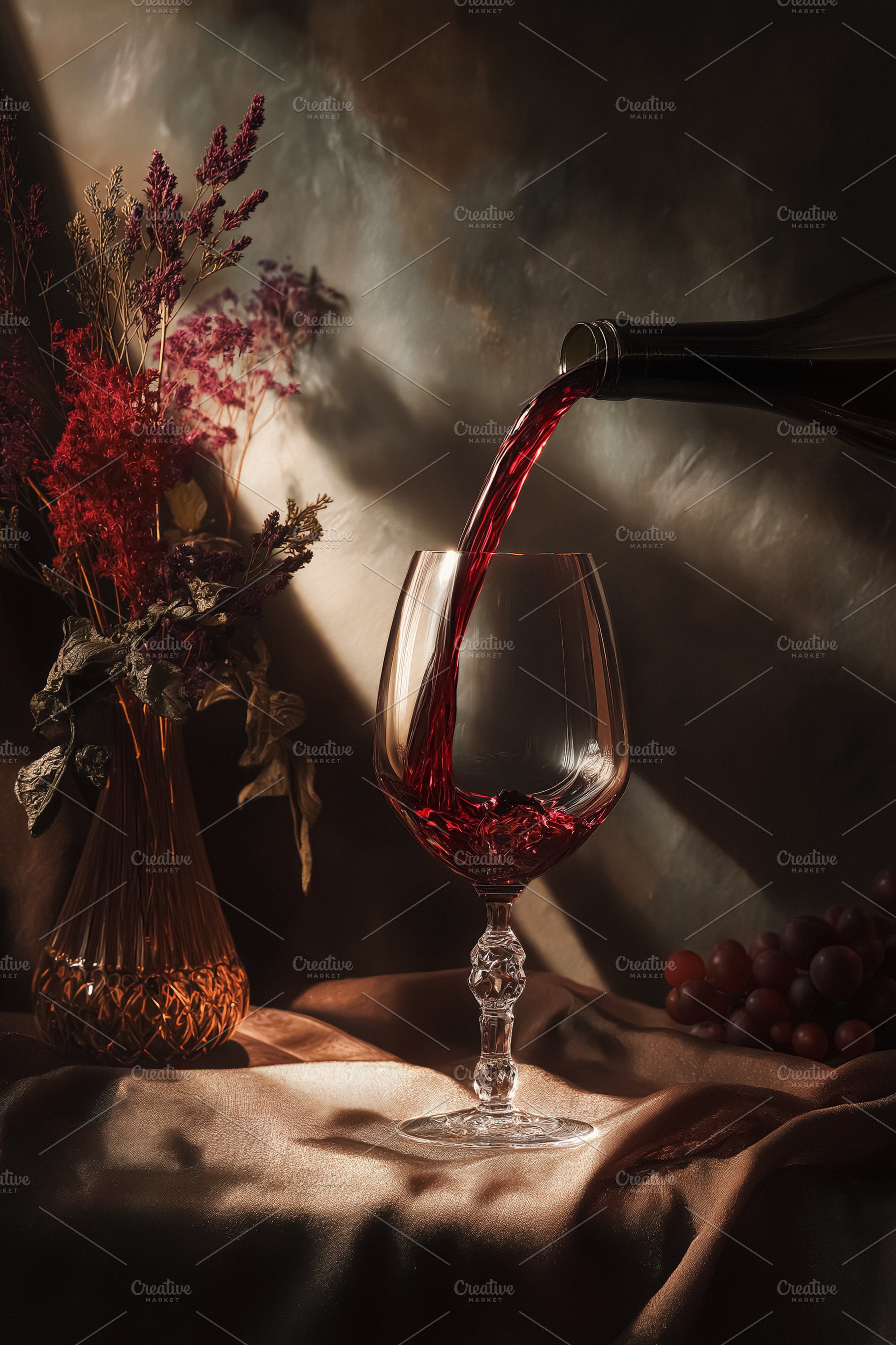 Red wine pouring from a bottle into an elegant glass, creating a rich splash. F, a Food & Drink Photo by Studio ANNA