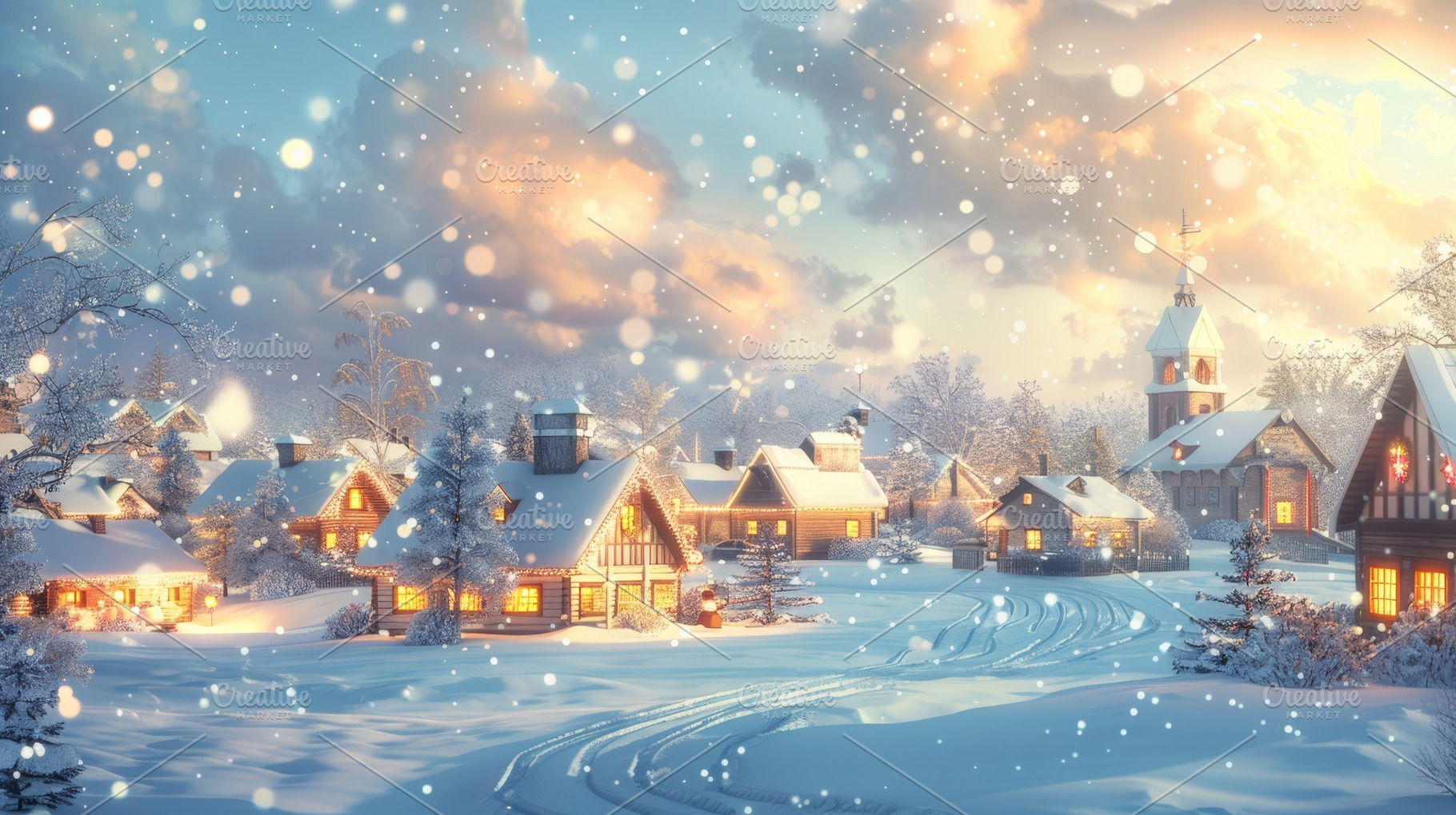 Photo of snow-covered cabins in a pine forest during winter, with warm lights g, a Holiday Photo by Mashimara