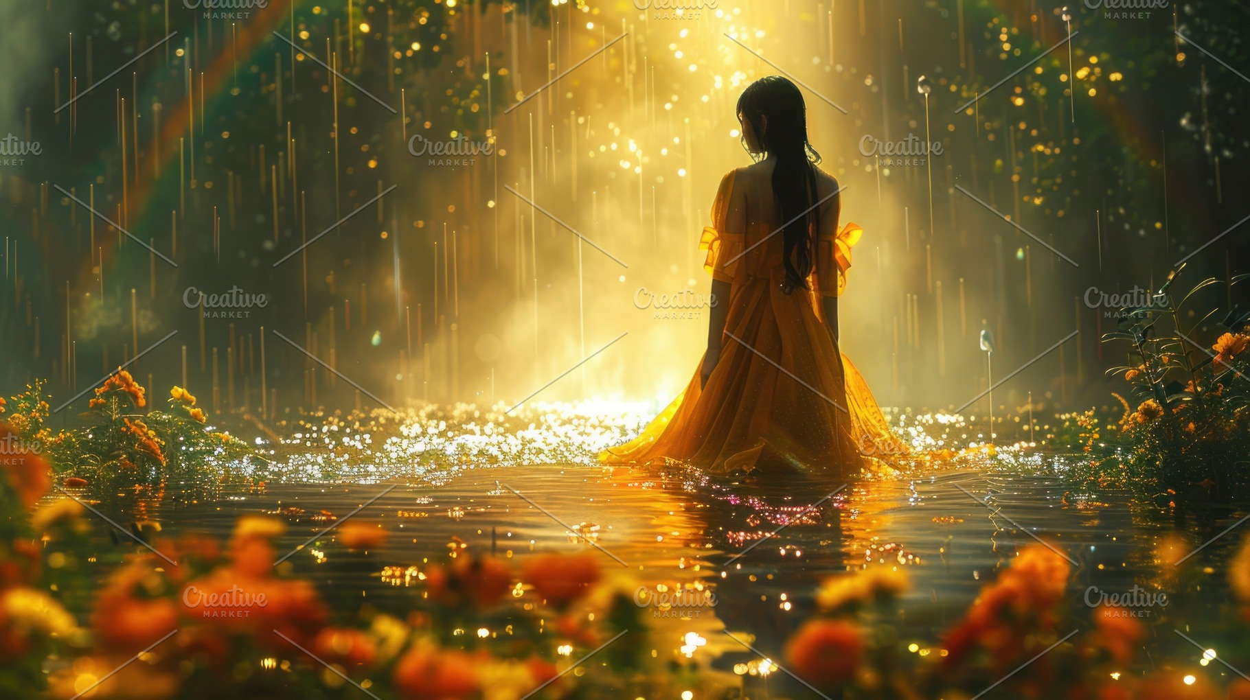 beautiful woman walking in the rain among flowers, a Photo by Pictures for you!!!!!!!!!