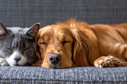 British cat and Golden Retriever, an Animal Photo by Virgo Studio