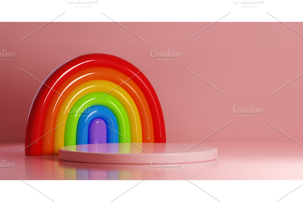 Rainbow and round platform on pink, an Object Illustration by art PVP - market