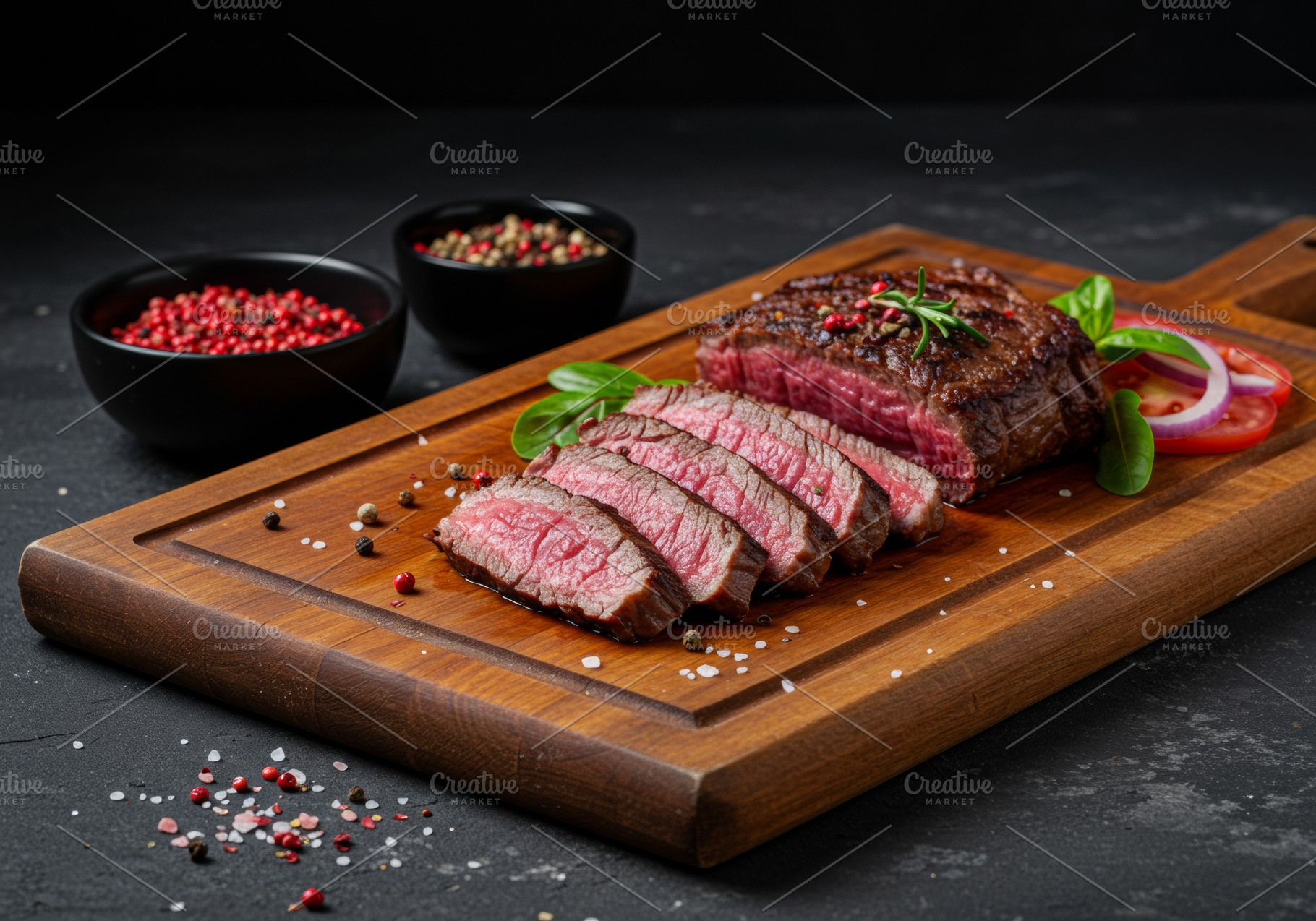 Medium-rare sliced steak served on a, a Food & Drink Photo by professorinc