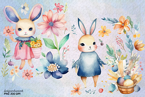 Cute Bunny With Flowers Watercolor