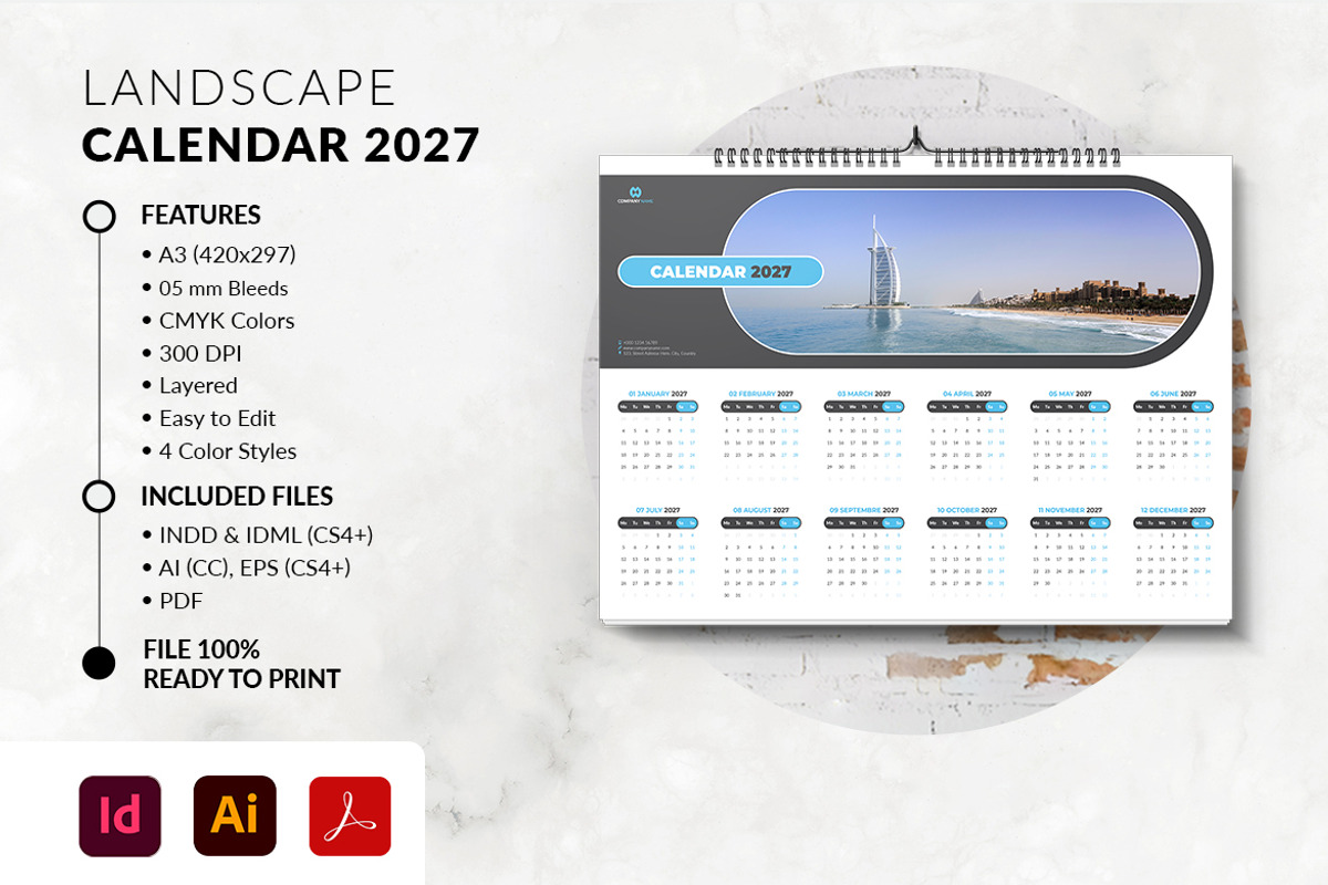 Landscape Calendar 2027 Template, a Stationery Template by MstArtwork (Photo 5 of 5)