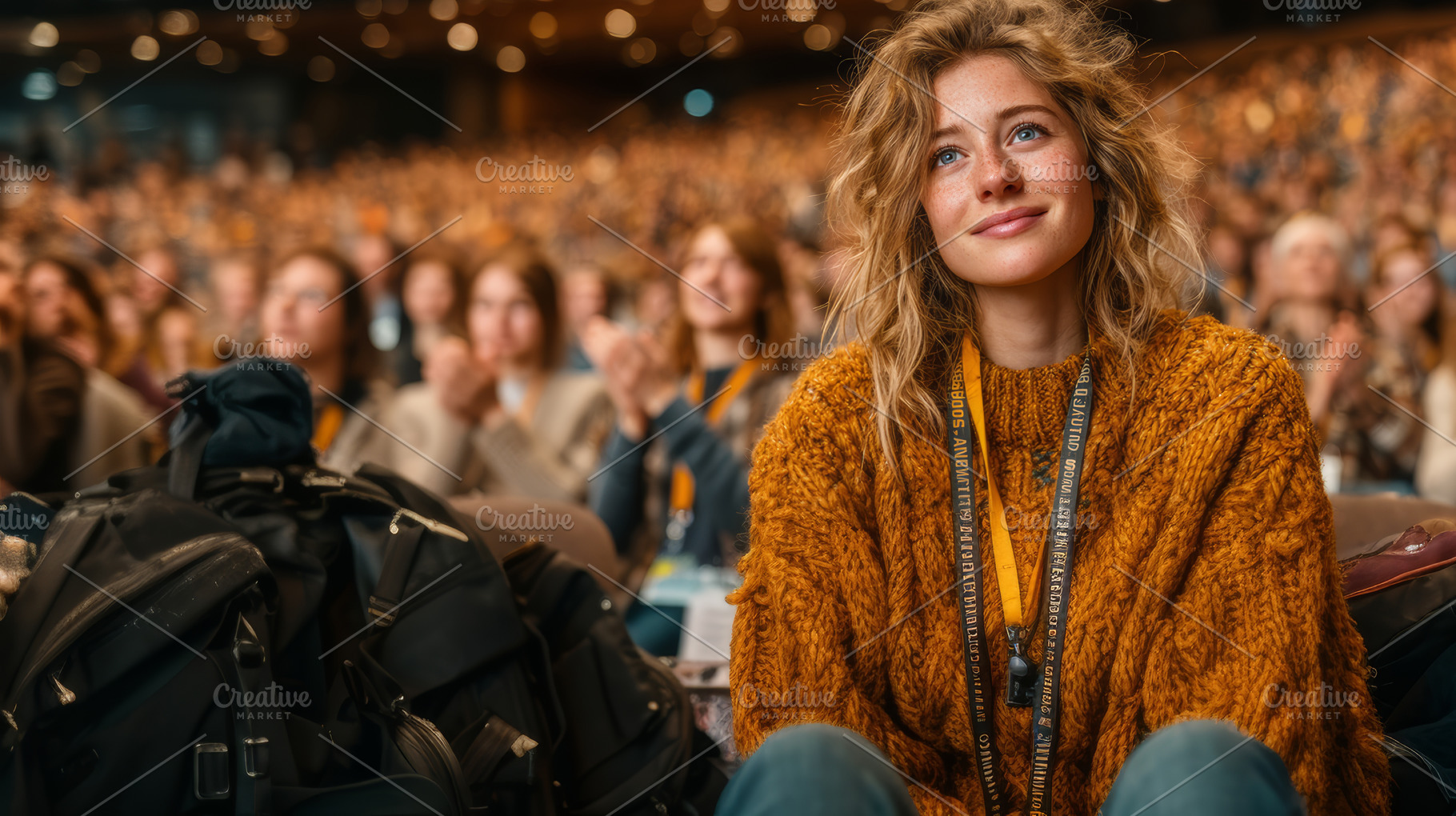 Young woman smiling among a large and attentive audience in a conference, a Person Photo by AS photostudio
