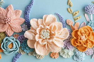 Colorful Handmade Crochet Flowers on Pastel Blue Background, an Abstract Photo by Natalia Klenova's Shop