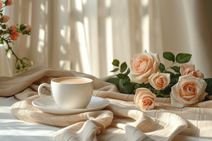 Cozy coffee cup with roses and soft sunlight warm romantic home, a Holiday Photo by José Manuel Gelpi