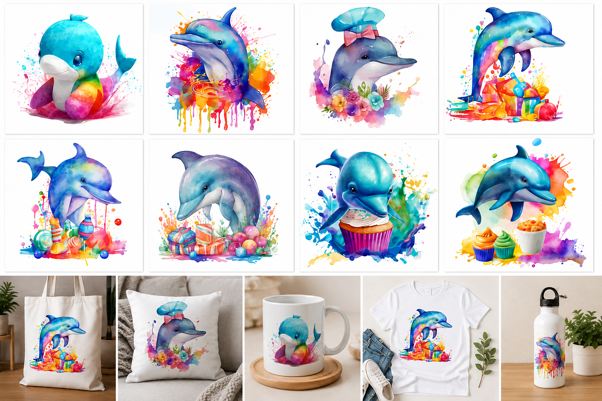 Baby Dolphin Watercolor Sublimation, a Seasonal Illustration by S Graphic Studio (Photo 2 of 4)