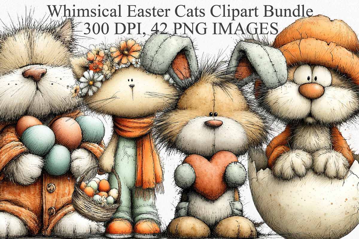 Whimsical Easter Cats Clipart Bundle, an Illustration by Canvas Craft