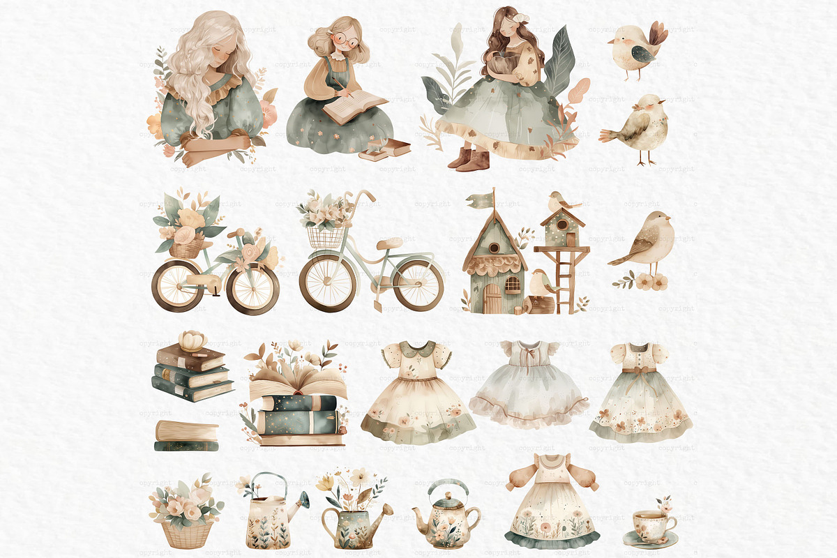 Cottagecore watercolor clipart, a Person Illustration by MyLittleMeow (Photo 3 of 6)