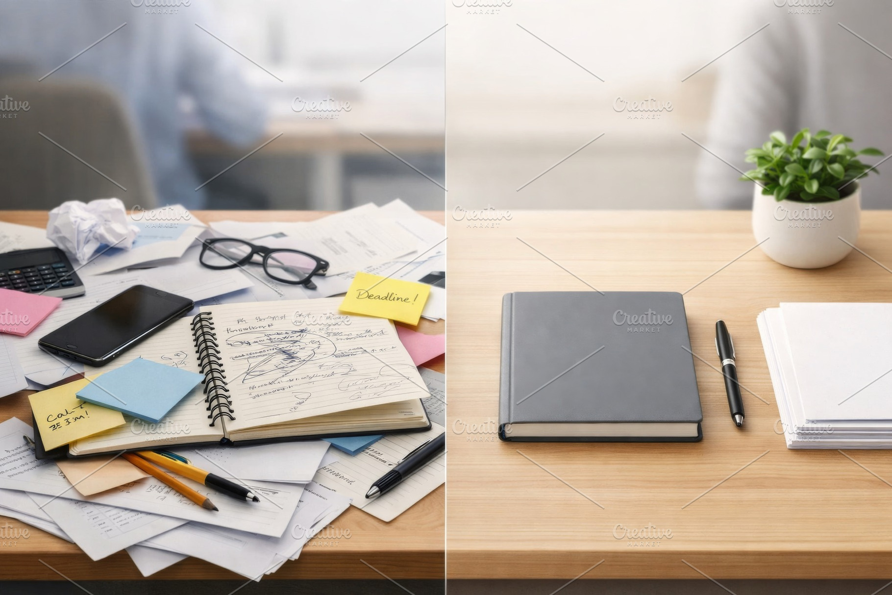 Anxious concept. Organized and chaotic workspace with notebook a, a Photo by Dvoevnore photos