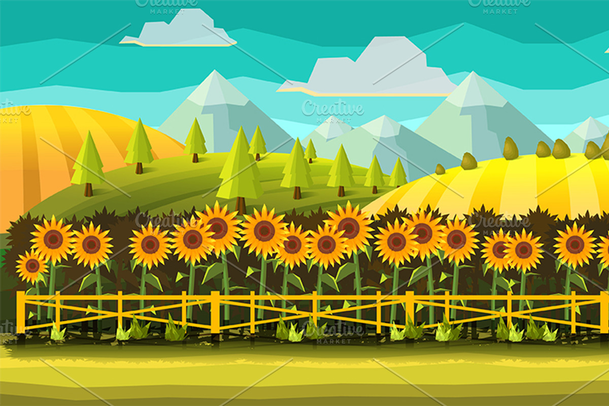 Sunflowers Cartoon Background, an Illustration by 2dvillShop (Photo 1 of 2)