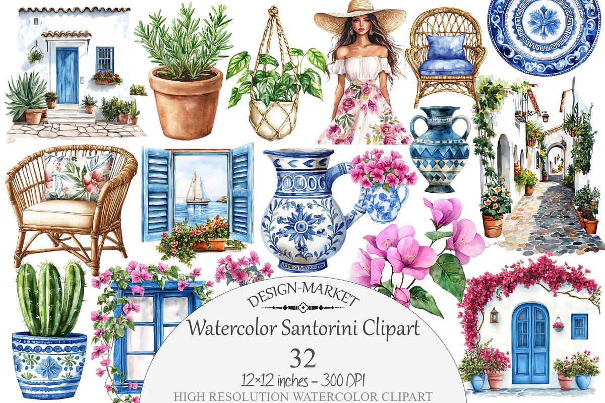 Watercolor Santorini Clipart, a Seasonal Illustration by Design Market (Photo 1 of 4)