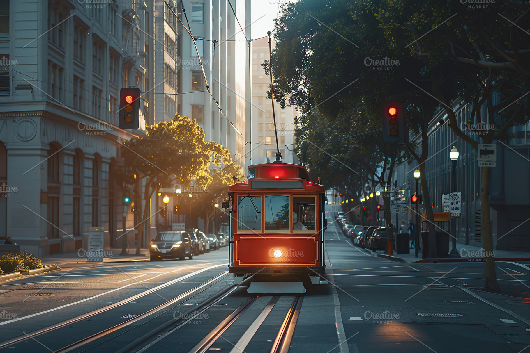 Modern city street with rails and tram, a Transportation Photo by AlyaAnd